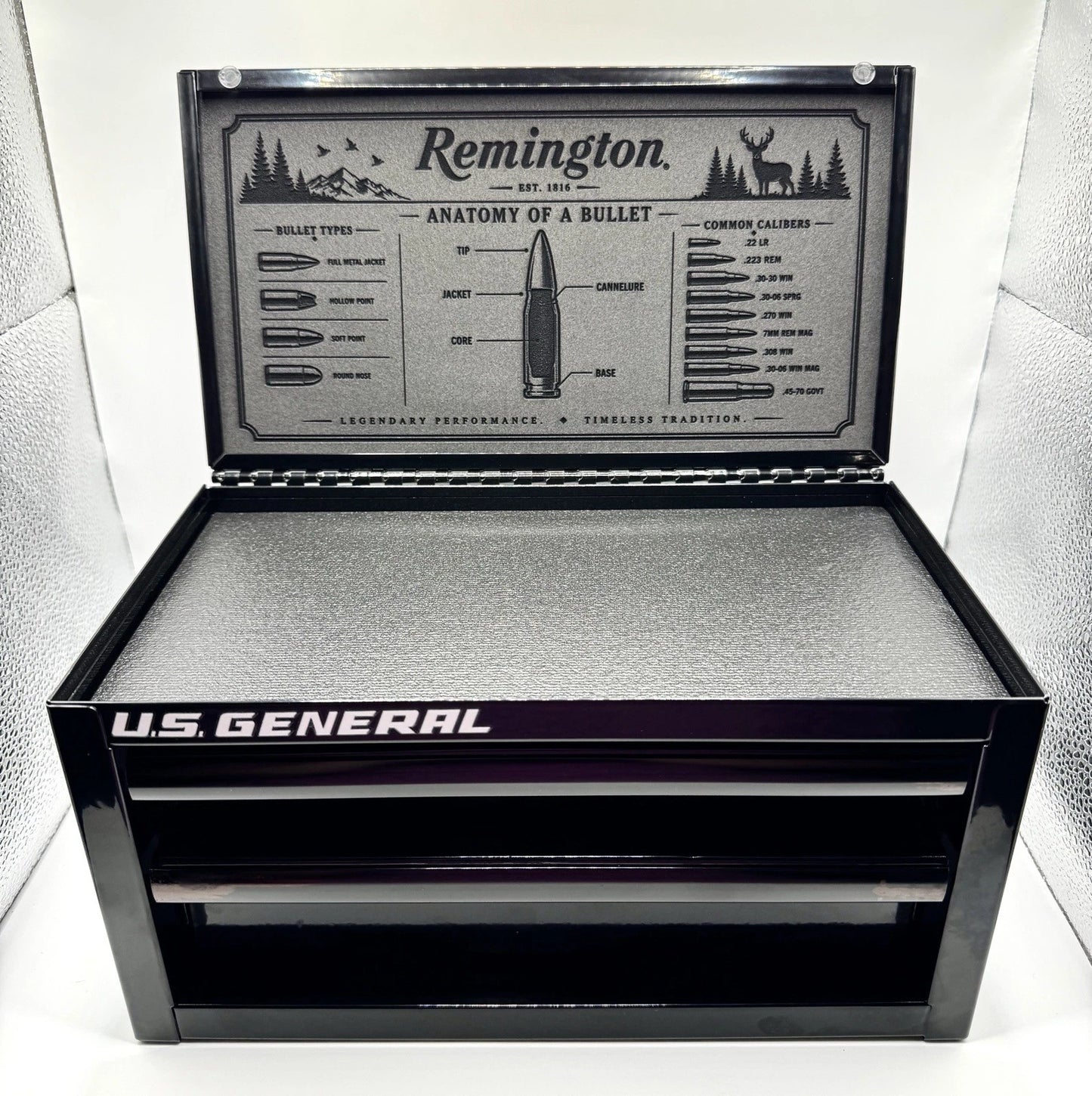 Custom Remington Engraved U.S. General Mini Toolbox Hunting Knife Display Box