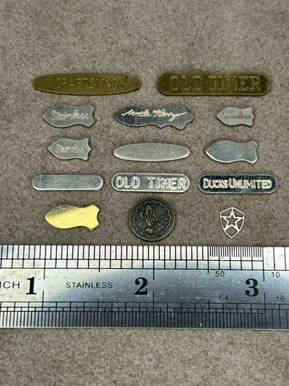 14 Lot Knife Shields/Badges Old Timer, Schrade, Craftsman, Ducks Unlimited, Etc.
