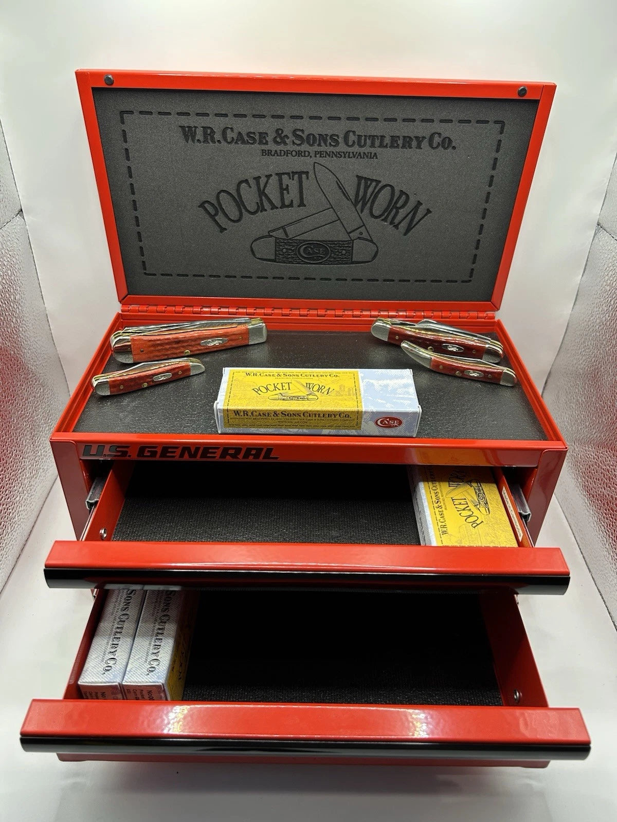 Case XX Pocket Worn Engraved US General Mini Toolbox Red Knife Collector Box