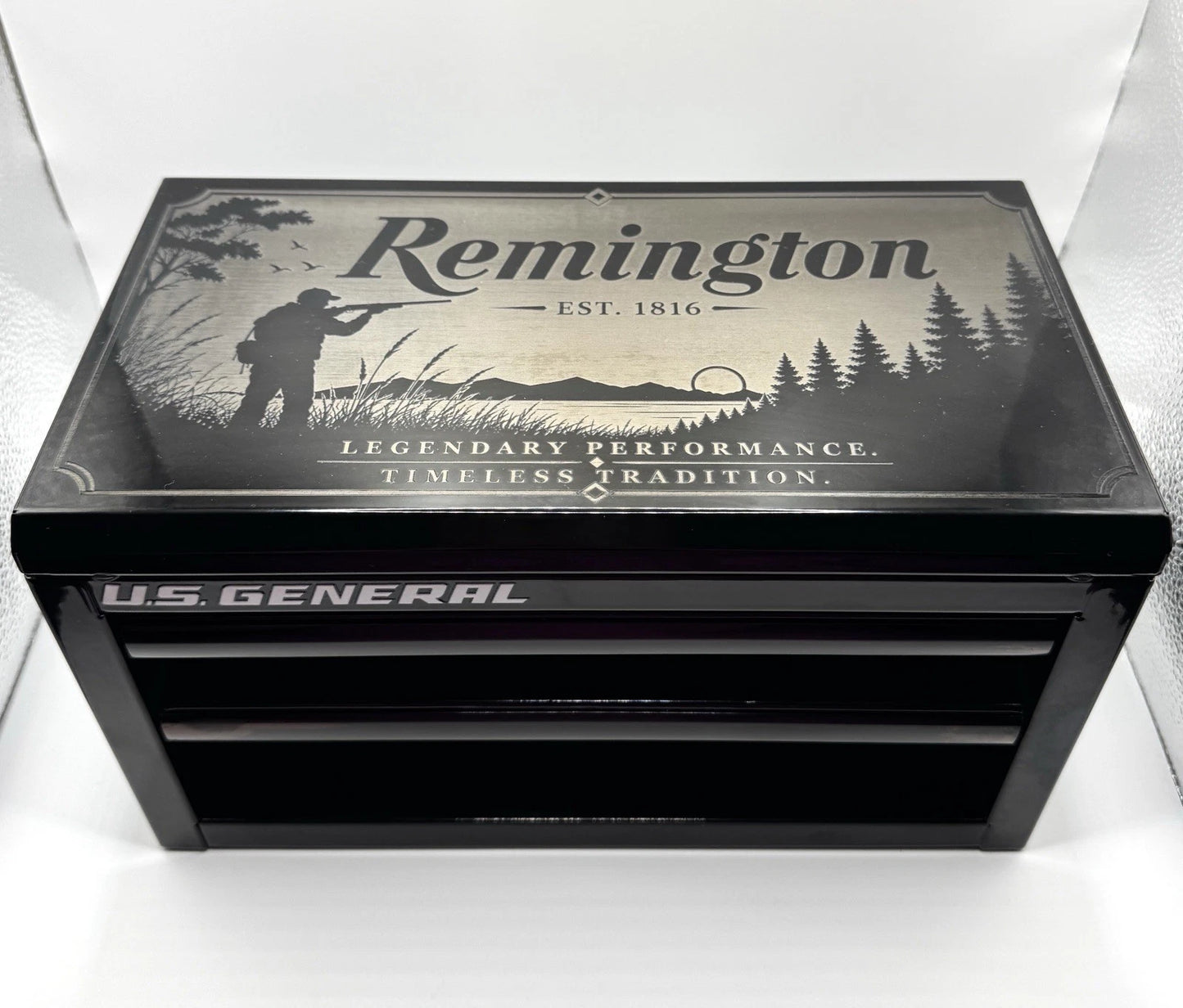 Custom Remington Engraved U.S. General Mini Toolbox Hunting Knife Display Box