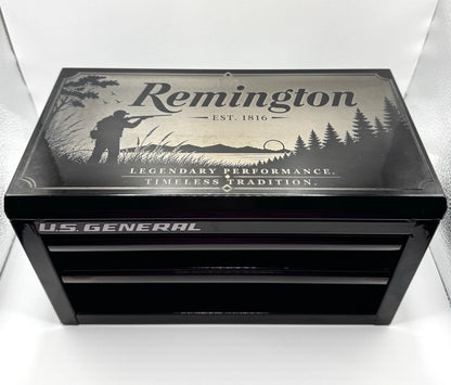 Custom Remington Engraved U.S. General Mini Toolbox Hunting Knife Display Box