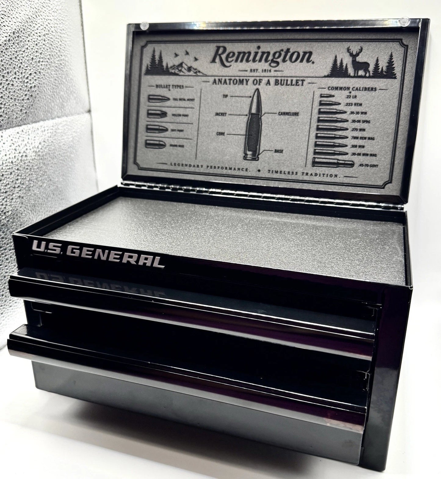 Custom Remington Engraved U.S. General Mini Toolbox Hunting Knife Display Box