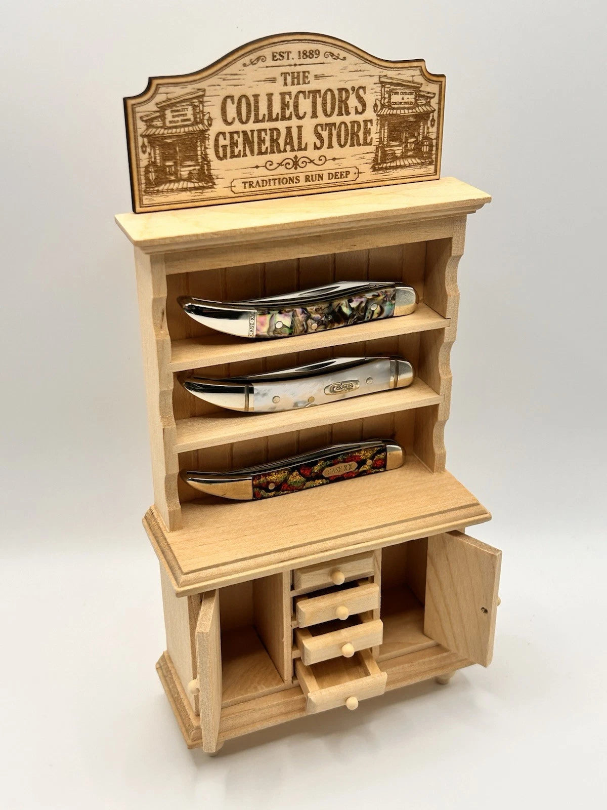 Custom Mini General Store Pocket Knife Display Cabinet Wood Shelf Stand Decor