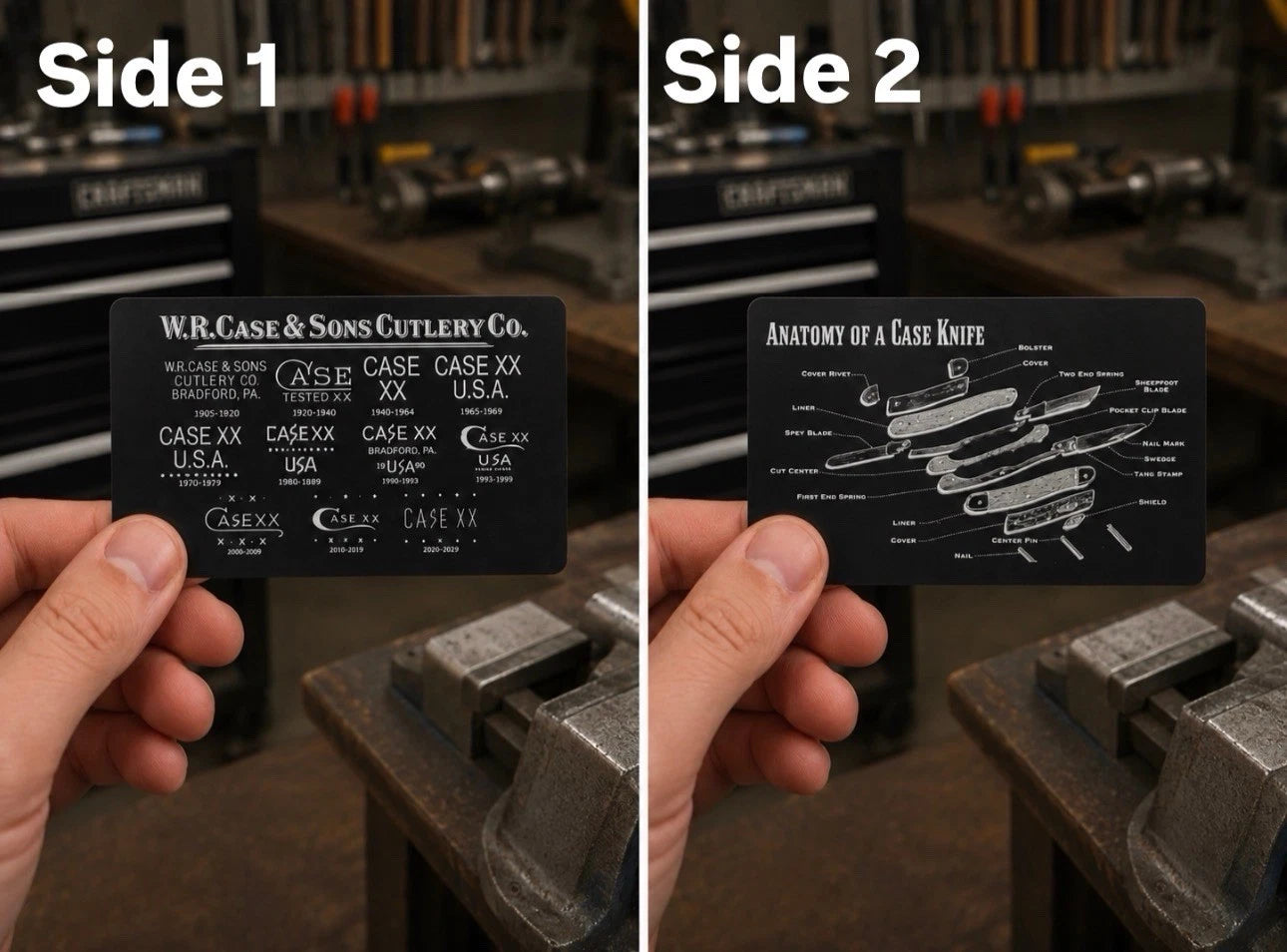 Custom Case XX Tang Stamp & Anatomy of a Knife Metal Reference Card (2-Sided)