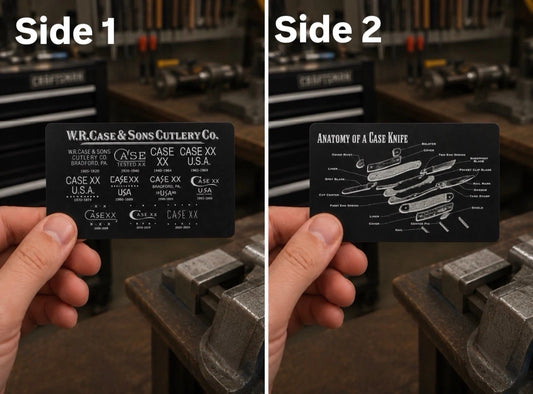 Custom Case XX Tang Stamp & Anatomy of a Knife Metal Reference Card (2-Sided)
